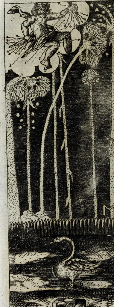 An illustration from Die überwindende Liebe : praesentiret und dargestellet durch ein künstliches Fewr-Werck welches bey hochfürstlicher Häimbführung des durchleuchtigsten Fürsten und Herrn, Herrn Johann Friederichs, Hertzogen zu Braunschweig und Lüneburg [et]c. hoch und hertzgeliebten Gemahlin, der durchleuchtigsten Fürstin und Frauen, Frauen Benedicta Henrietta Philippina, Pfaltz-Gräfin bey Rhein [et]c. glücklichen verbrand worden, zu Hannover den 8. Novembr. nachts umb 9. Uhr, im Jahr Christi 1668, 1668, leaf 18