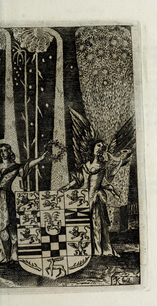 An illustration from Die überwindende Liebe : praesentiret und dargestellet durch ein künstliches Fewr-Werck welches bey hochfürstlicher Häimbführung des durchleuchtigsten Fürsten und Herrn, Herrn Johann Friederichs, Hertzogen zu Braunschweig und Lüneburg [et]c. hoch und hertzgeliebten Gemahlin, der durchleuchtigsten Fürstin und Frauen, Frauen Benedicta Henrietta Philippina, Pfaltz-Gräfin bey Rhein [et]c. glücklichen verbrand worden, zu Hannover den 8. Novembr. nachts umb 9. Uhr, im Jahr Christi 1668, 1668, leaf 19