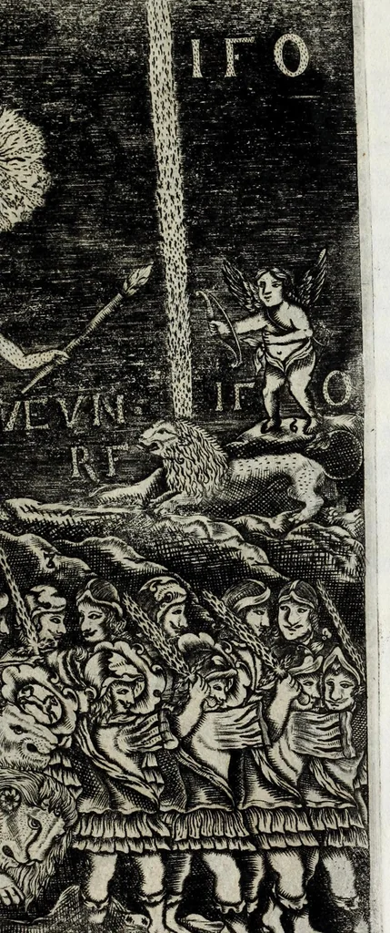 An illustration from Die überwindende Liebe : praesentiret und dargestellet durch ein künstliches Fewr-Werck welches bey hochfürstlicher Häimbführung des durchleuchtigsten Fürsten und Herrn, Herrn Johann Friederichs, Hertzogen zu Braunschweig und Lüneburg [et]c. hoch und hertzgeliebten Gemahlin, der durchleuchtigsten Fürstin und Frauen, Frauen Benedicta Henrietta Philippina, Pfaltz-Gräfin bey Rhein [et]c. glücklichen verbrand worden, zu Hannover den 8. Novembr. nachts umb 9. Uhr, im Jahr Christi 1668, 1668, leaf 27