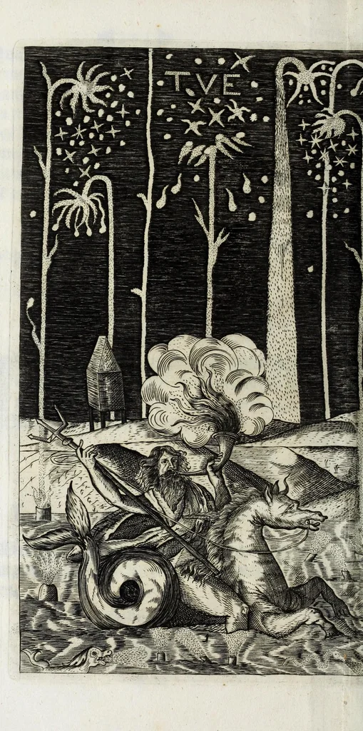 An illustration from Die überwindende Liebe : praesentiret und dargestellet durch ein künstliches Fewr-Werck welches bey hochfürstlicher Häimbführung des durchleuchtigsten Fürsten und Herrn, Herrn Johann Friederichs, Hertzogen zu Braunschweig und Lüneburg [et]c. hoch und hertzgeliebten Gemahlin, der durchleuchtigsten Fürstin und Frauen, Frauen Benedicta Henrietta Philippina, Pfaltz-Gräfin bey Rhein [et]c. glücklichen verbrand worden, zu Hannover den 8. Novembr. nachts umb 9. Uhr, im Jahr Christi 1668, 1668, leaf 32