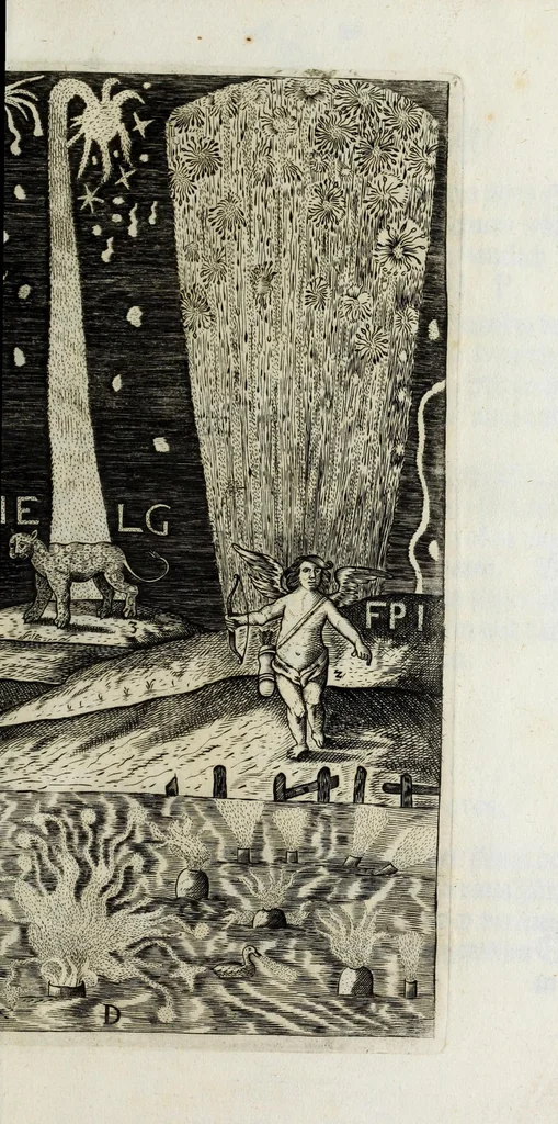 An illustration from Die überwindende Liebe : praesentiret und dargestellet durch ein künstliches Fewr-Werck welches bey hochfürstlicher Häimbführung des durchleuchtigsten Fürsten und Herrn, Herrn Johann Friederichs, Hertzogen zu Braunschweig und Lüneburg [et]c. hoch und hertzgeliebten Gemahlin, der durchleuchtigsten Fürstin und Frauen, Frauen Benedicta Henrietta Philippina, Pfaltz-Gräfin bey Rhein [et]c. glücklichen verbrand worden, zu Hannover den 8. Novembr. nachts umb 9. Uhr, im Jahr Christi 1668, 1668, leaf 33