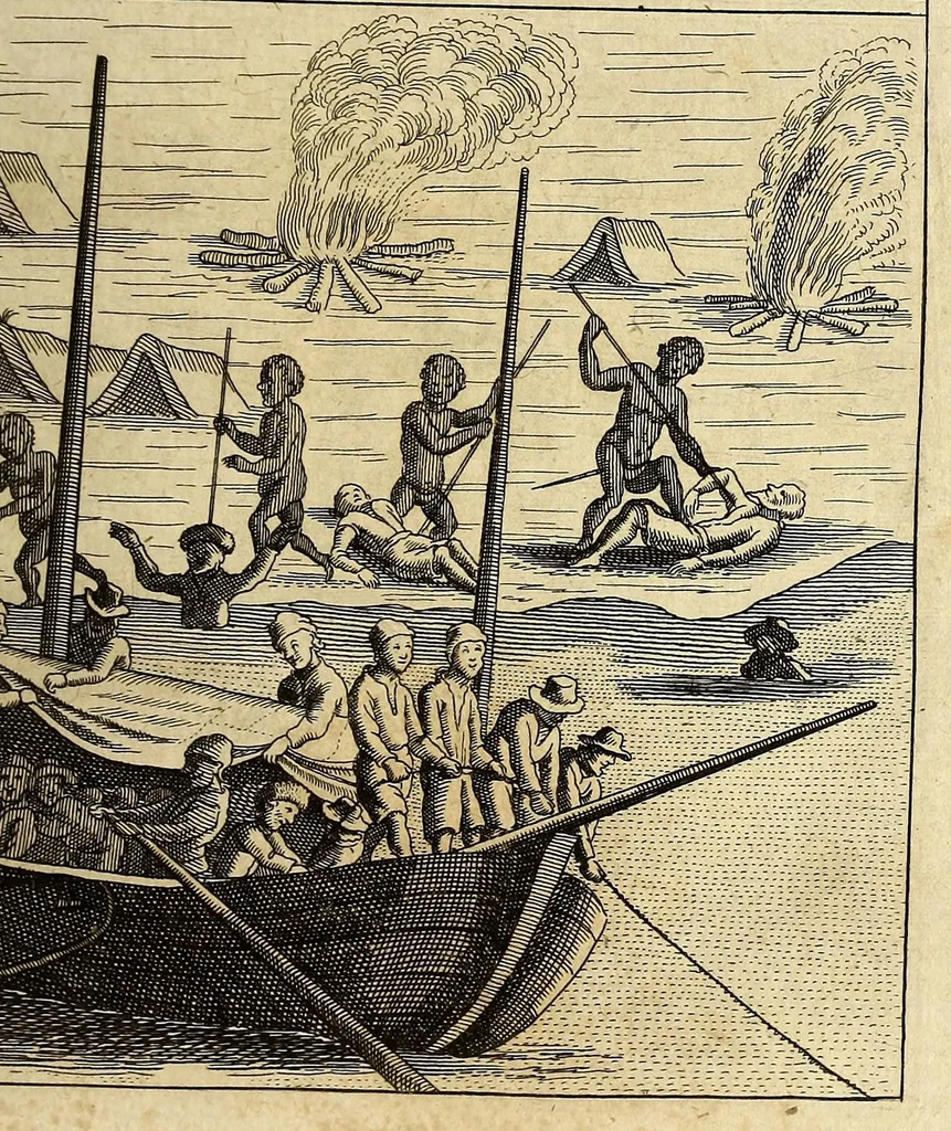 An illustration from Die vier vnd zwantzigste Schiffahrt, in welcher mit wahren Vmbständen beschrieben wird, erstlich Die denckwürdige Reyse nach Ost Indien, S. Wilhelm Issbrands Bontekuhe von Horn: vorgenommen den 28. Decemb. 1618. vnd vollbracht den 16. Novemb. 1625. : Demnach: eine andere Reyse, durch den Commandeur Türck Alberts Raven, nach Spitzbergen, im Jahr 1639. verrichtet. In welchen vnterschiedlich viel merckwürdige Händel vnd Fälle gründlich erzehlet werden. Beneben darzu nothwendigen Kupfferstücken., 1648, leaf 55