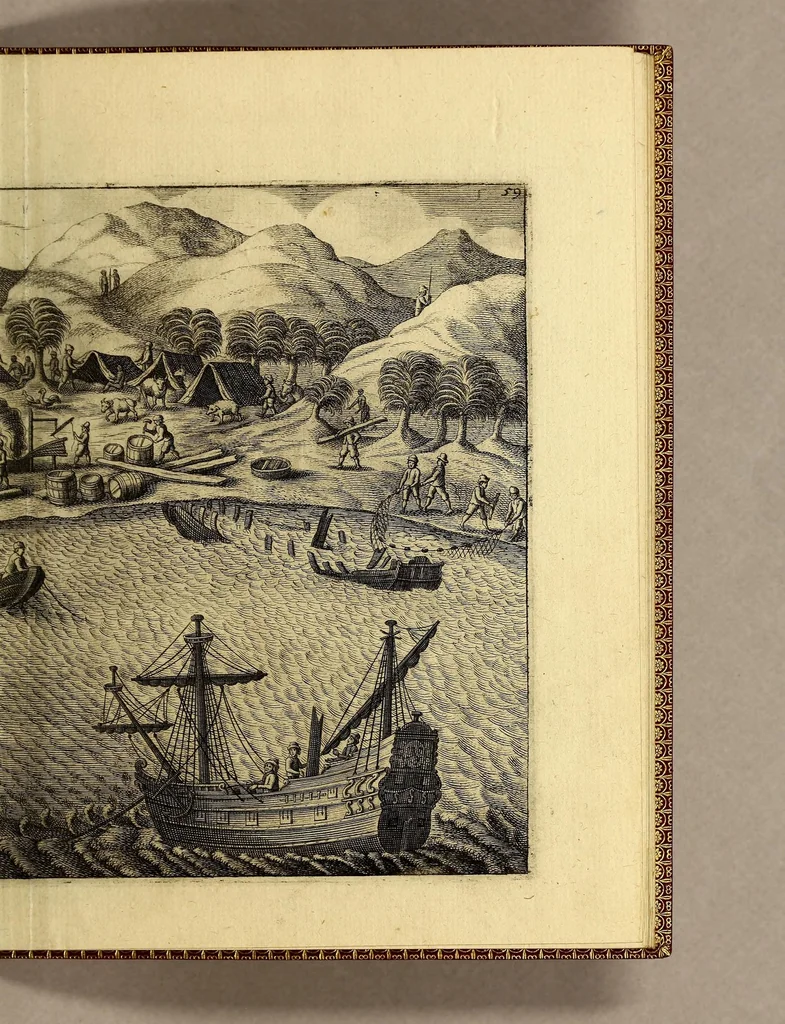 An illustration from Die vier vnd zwantzigste Schiffahrt, in welcher mit wahren Vmbständen beschrieben wird, erstlich Die denckwürdige Reyse nach Ost Indien, S. Wilhelm Issbrands Bontekuhe von Horn: vorgenommen den 28. Decemb. 1618. vnd vollbracht den 16. Novemb. 1625. : Demnach: eine andere Reyse, durch den Commandeur Türck Alberts Raven, nach Spitzbergen, im Jahr 1639. verrichtet. In welchen vnterschiedlich viel merckwürdige Händel vnd Fälle gründlich erzehlet werden. Beneben darzu nothwendigen Kupfferstücken., 1648, leaf 97