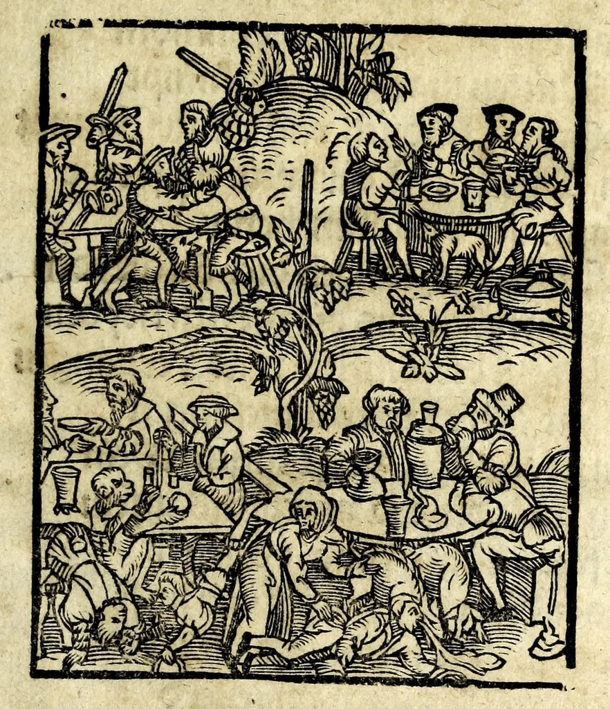 An illustration from Die vier wunderberlichen Eygenschafft vnd Würckung des Weins : ein kürtzweylicher Sprüch : mehr ein newer Spruch von der Jnsel Bachi vnd jrer Eygenschafft, 1553, leaf 5