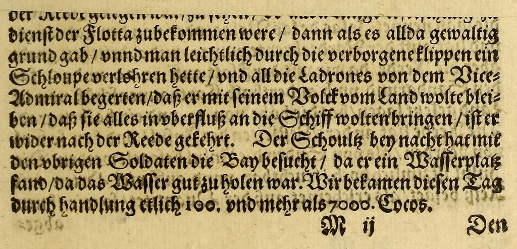 An illustration from Die zwey vnd zwäntzigste Schiffart das ist Historische Eygentliche Beschreibung der gewaltigen, mächtigen Schiffahrt, so vnder dem Admiral Iacob l'Hermite im 1623. 1624. 1625. vnd 1626. Jahr vmb die gantzen Welt beschehen. : Darinn aussführlichen von Adolph Deckern von Strassburg, der dieser Reyss eygner Person beygewohnt, Erzehlt wird, was sich bey solcher vontag zu Tag Merckwürdiges zugetragen vnd vorgangen. Mit vnterschiedlichen Kupfferstücken gezieret, 1630, leaf 111