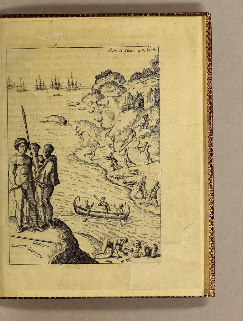 An illustration from Die zwey vnd zwäntzigste Schiffart das ist Historische Eygentliche Beschreibung der gewaltigen, mächtigen Schiffahrt, so vnder dem Admiral Iacob l'Hermite im 1623. 1624. 1625. vnd 1626. Jahr vmb die gantzen Welt beschehen. : Darinn aussführlichen von Adolph Deckern von Strassburg, der dieser Reyss eygner Person beygewohnt, Erzehlt wird, was sich bey solcher vontag zu Tag Merckwürdiges zugetragen vnd vorgangen. Mit vnterschiedlichen Kupfferstücken gezieret, 1630, leaf 55