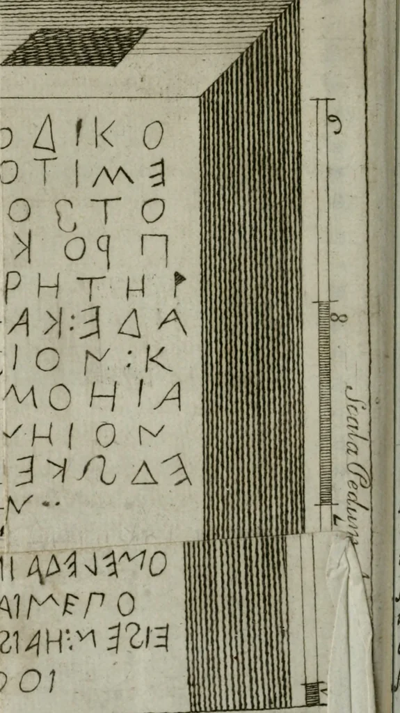 An illustration from Difesa dell' alfabeto degli antichi Toscani pubblicato nel MDCCXXXVII dall' autore del Museo etrusco : disapprovato dall' illustrissimo sig. marchese Scipione Maffei nel tomo V. delle sue Osservazioni letterarie, date in luce in Verona : con tavole e figure, 1742, leaf 137