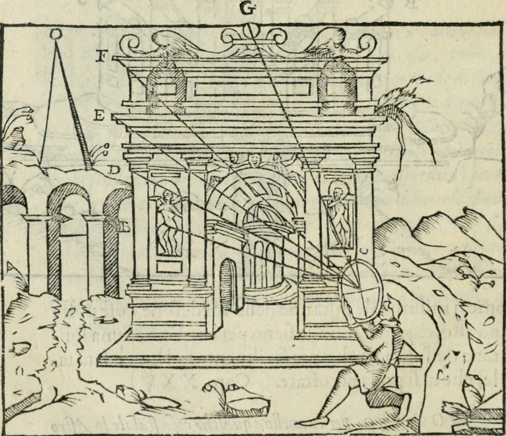 An illustration from Del modo di misvrare : le distantie, le superficie, i corpi, le piante, le prouincie, le prospettiue, & tutte le altre cose terrene, che possono occurrere a gli huomini, secondo le vere regole d'Euclide, & de gli altri piu lodati scrittori, 1589, leaf 105