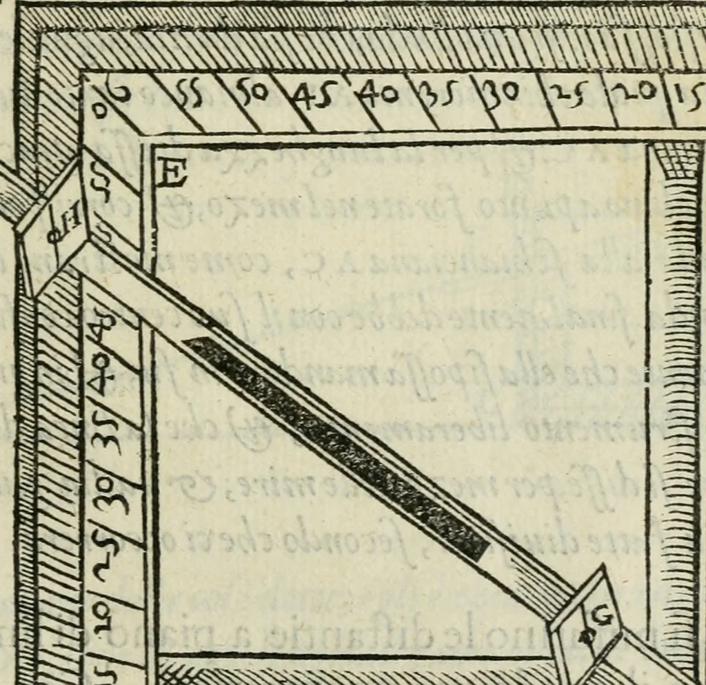 An illustration from Del modo di misvrare : le distantie, le superficie, i corpi, le piante, le prouincie, le prospettiue, & tutte le altre cose terrene, che possono occurrere a gli huomini, secondo le vere regole d'Euclide, & de gli altri piu lodati scrittori, 1589, leaf 14