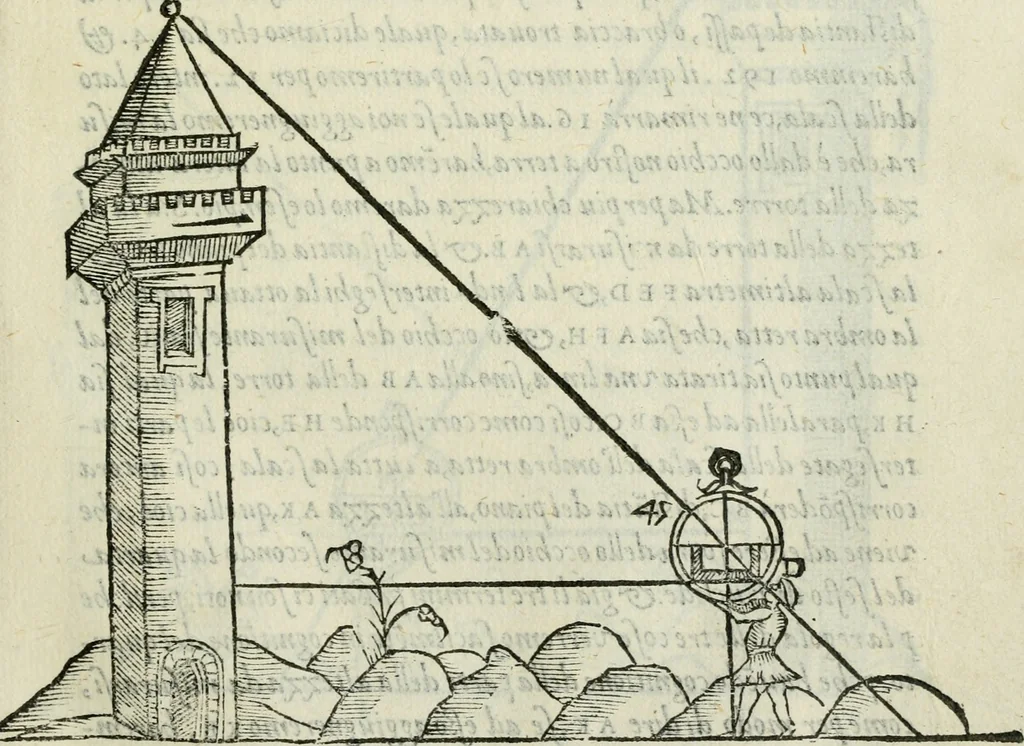 An illustration from Del modo di misvrare : le distantie, le superficie, i corpi, le piante, le prouincie, le prospettiue, & tutte le altre cose terrene, che possono occurrere a gli huomini, secondo le vere regole d'Euclide, & de gli altri piu lodati scrittori, 1589, leaf 52