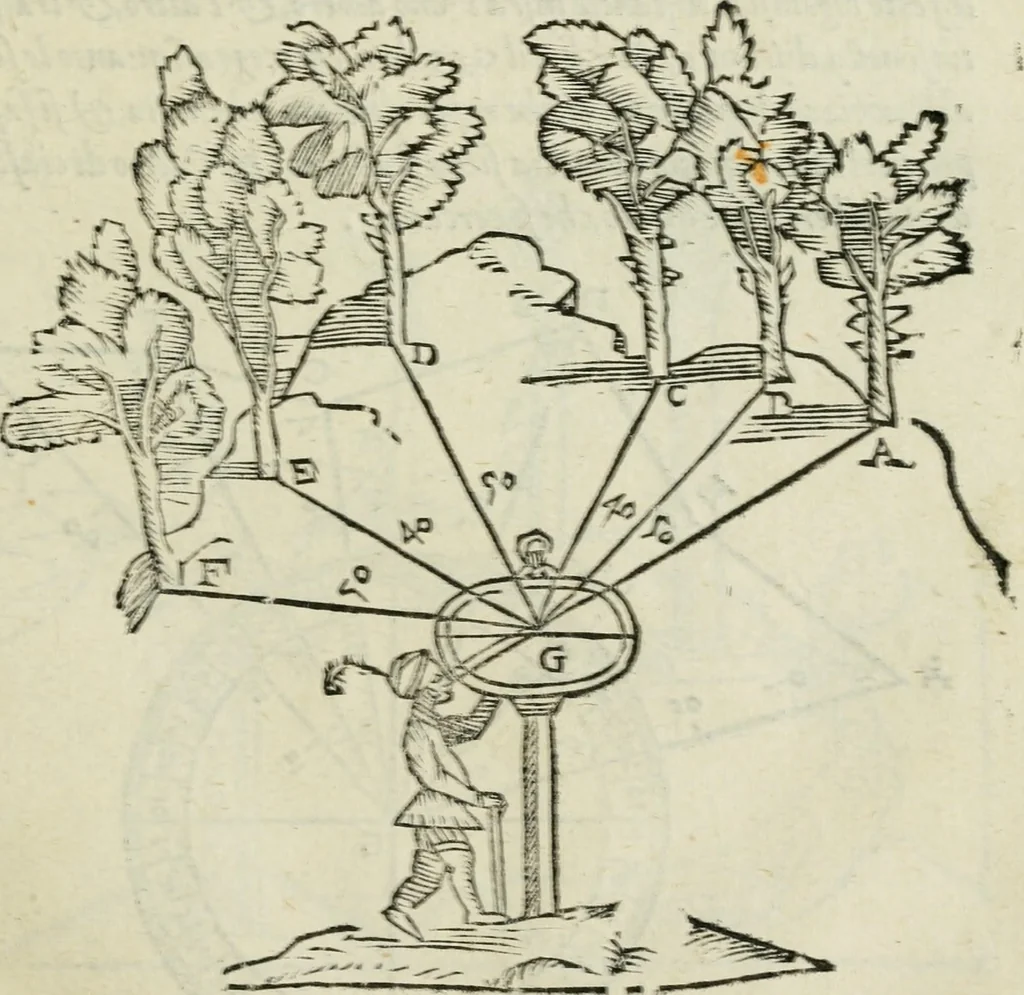 An illustration from Del modo di misvrare : le distantie, le superficie, i corpi, le piante, le prouincie, le prospettiue, & tutte le altre cose terrene, che possono occurrere a gli huomini, secondo le vere regole d'Euclide, & de gli altri piu lodati scrittori, 1589, leaf 98