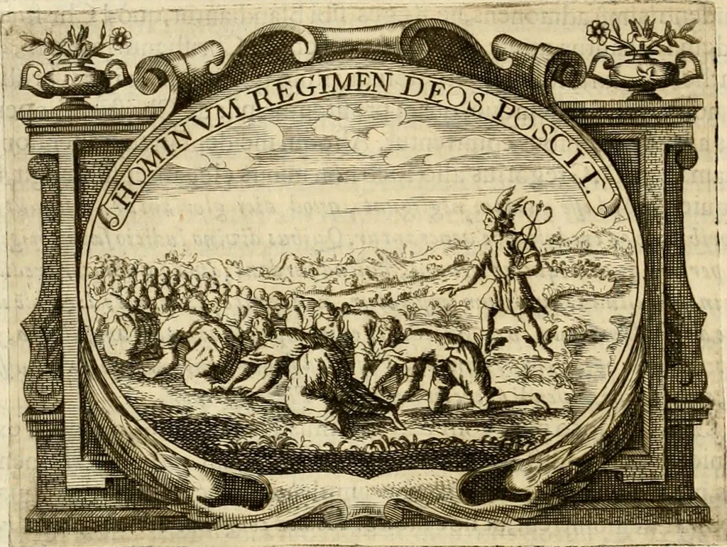 An illustration from D. Ioannis de Solorzano Pereira ... Emblemata centum, regio politica : ligneis laminis affabre caelata, vividisque et limitatis carminibus explicata, & singularibus commentarijs affatim illustrata : quibus, quicquid ad regum institutionem, et rectam reip. administrationem conducere & pertinere videtur, summo studio disseritur ... : cum quadruplici indice absolutissimo .., 1653, leaf 133