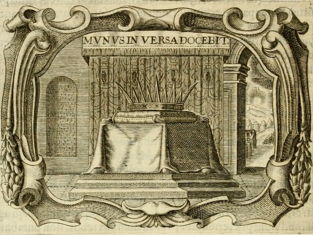 An illustration from D. Ioannis de Solorzano Pereira ... Emblemata centum, regio politica : ligneis laminis affabre caelata, vividisque et limitatis carminibus explicata, & singularibus commentarijs affatim illustrata : quibus, quicquid ad regum institutionem, et rectam reip. administrationem conducere & pertinere videtur, summo studio disseritur ... : cum quadruplici indice absolutissimo .., 1653, leaf 159