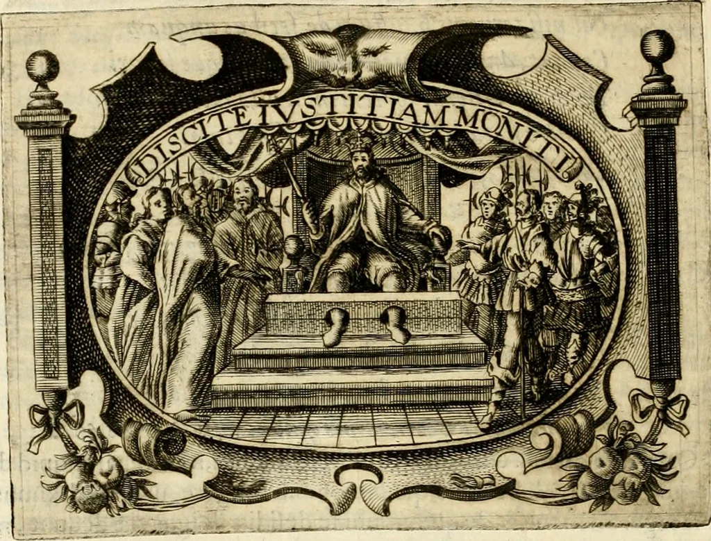 An illustration from D. Ioannis de Solorzano Pereira ... Emblemata centum, regio politica : ligneis laminis affabre caelata, vividisque et limitatis carminibus explicata, & singularibus commentarijs affatim illustrata : quibus, quicquid ad regum institutionem, et rectam reip. administrationem conducere & pertinere videtur, summo studio disseritur ... : cum quadruplici indice absolutissimo .., 1653, leaf 185
