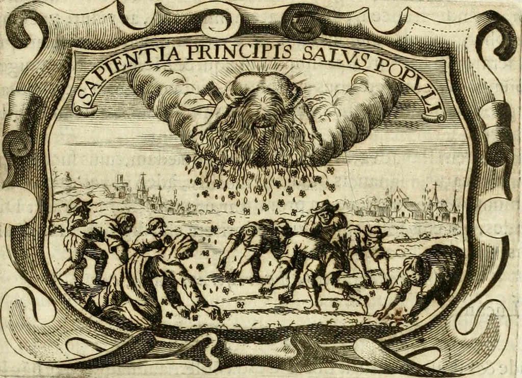 An illustration from D. Ioannis de Solorzano Pereira ... Emblemata centum, regio politica : ligneis laminis affabre caelata, vividisque et limitatis carminibus explicata, & singularibus commentarijs affatim illustrata : quibus, quicquid ad regum institutionem, et rectam reip. administrationem conducere & pertinere videtur, summo studio disseritur ... : cum quadruplici indice absolutissimo .., 1653, leaf 198