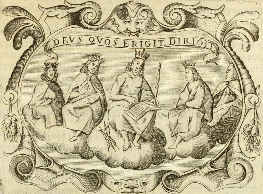 An illustration from D. Ioannis de Solorzano Pereira ... Emblemata centum, regio politica : ligneis laminis affabre caelata, vividisque et limitatis carminibus explicata, & singularibus commentarijs affatim illustrata : quibus, quicquid ad regum institutionem, et rectam reip. administrationem conducere & pertinere videtur, summo studio disseritur ... : cum quadruplici indice absolutissimo .., 1653, leaf 216