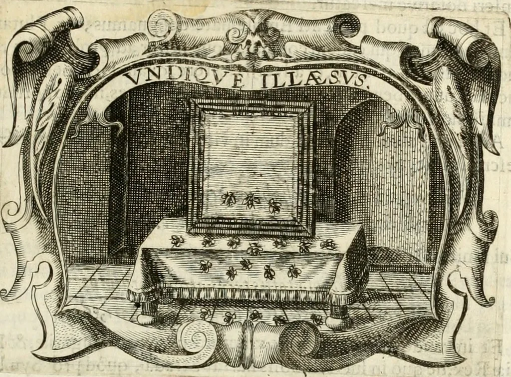 An illustration from D. Ioannis de Solorzano Pereira ... Emblemata centum, regio politica : ligneis laminis affabre caelata, vividisque et limitatis carminibus explicata, & singularibus commentarijs affatim illustrata : quibus, quicquid ad regum institutionem, et rectam reip. administrationem conducere & pertinere videtur, summo studio disseritur ... : cum quadruplici indice absolutissimo .., 1653, leaf 256