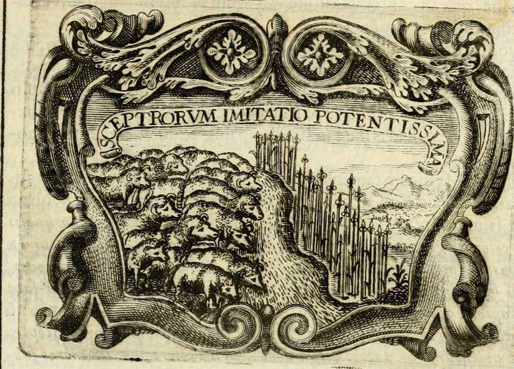 An illustration from D. Ioannis de Solorzano Pereira ... Emblemata centum, regio politica : ligneis laminis affabre caelata, vividisque et limitatis carminibus explicata, & singularibus commentarijs affatim illustrata : quibus, quicquid ad regum institutionem, et rectam reip. administrationem conducere & pertinere videtur, summo studio disseritur ... : cum quadruplici indice absolutissimo .., 1653, leaf 264