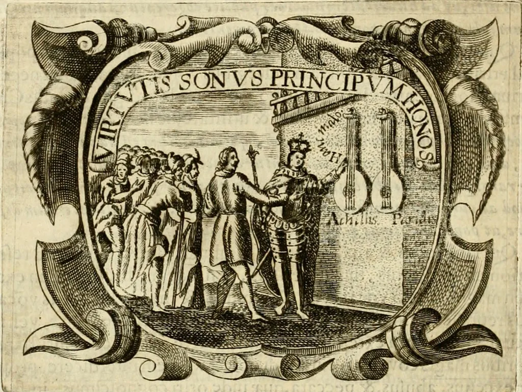 An illustration from D. Ioannis de Solorzano Pereira ... Emblemata centum, regio politica : ligneis laminis affabre caelata, vividisque et limitatis carminibus explicata, & singularibus commentarijs affatim illustrata : quibus, quicquid ad regum institutionem, et rectam reip. administrationem conducere & pertinere videtur, summo studio disseritur ... : cum quadruplici indice absolutissimo .., 1653, leaf 285