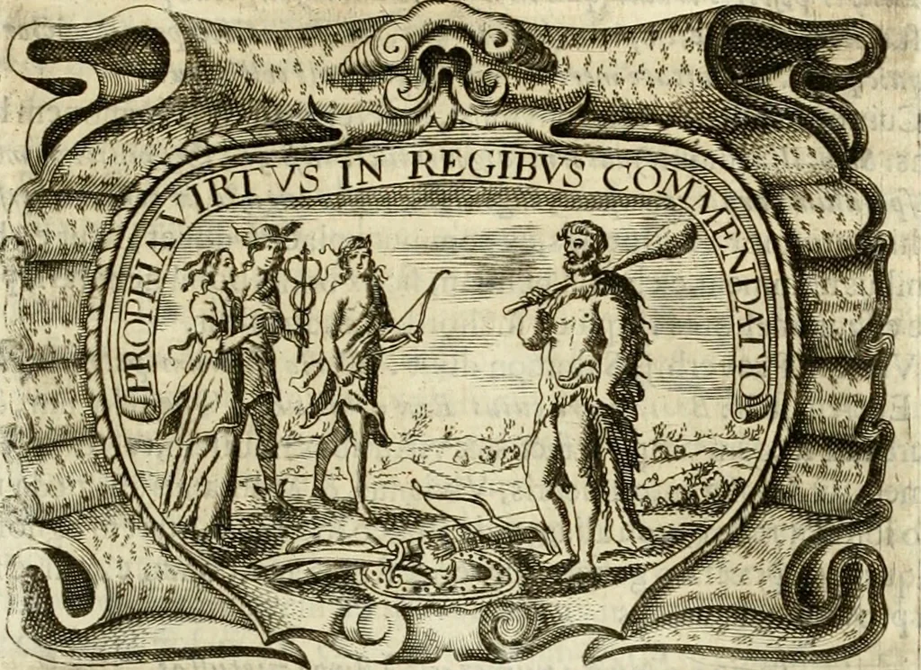 An illustration from D. Ioannis de Solorzano Pereira ... Emblemata centum, regio politica : ligneis laminis affabre caelata, vividisque et limitatis carminibus explicata, & singularibus commentarijs affatim illustrata : quibus, quicquid ad regum institutionem, et rectam reip. administrationem conducere & pertinere videtur, summo studio disseritur ... : cum quadruplici indice absolutissimo .., 1653, leaf 298