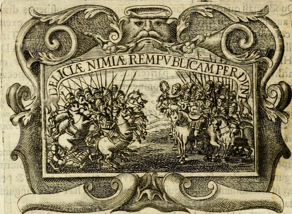 An illustration from D. Ioannis de Solorzano Pereira ... Emblemata centum, regio politica : ligneis laminis affabre caelata, vividisque et limitatis carminibus explicata, & singularibus commentarijs affatim illustrata : quibus, quicquid ad regum institutionem, et rectam reip. administrationem conducere & pertinere videtur, summo studio disseritur ... : cum quadruplici indice absolutissimo .., 1653, leaf 307