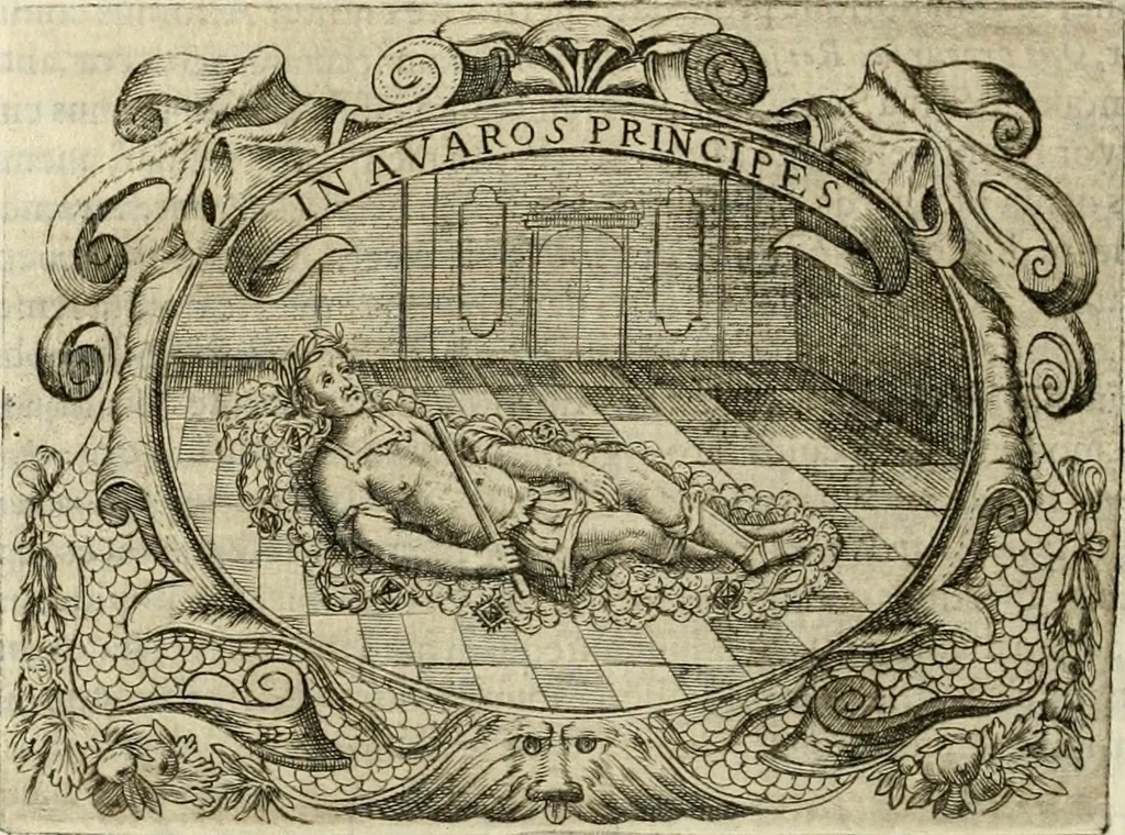 An illustration from D. Ioannis de Solorzano Pereira ... Emblemata centum, regio politica : ligneis laminis affabre caelata, vividisque et limitatis carminibus explicata, & singularibus commentarijs affatim illustrata : quibus, quicquid ad regum institutionem, et rectam reip. administrationem conducere & pertinere videtur, summo studio disseritur ... : cum quadruplici indice absolutissimo .., 1653, leaf 343