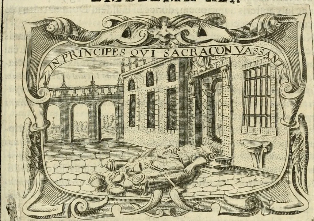 An illustration from D. Ioannis de Solorzano Pereira ... Emblemata centum, regio politica : ligneis laminis affabre caelata, vividisque et limitatis carminibus explicata, & singularibus commentarijs affatim illustrata : quibus, quicquid ad regum institutionem, et rectam reip. administrationem conducere & pertinere videtur, summo studio disseritur ... : cum quadruplici indice absolutissimo .., 1653, leaf 350