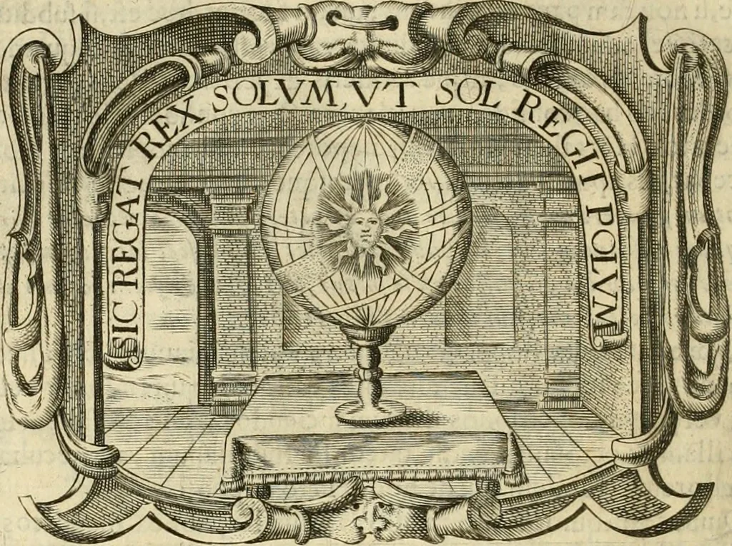 An illustration from D. Ioannis de Solorzano Pereira ... Emblemata centum, regio politica : ligneis laminis affabre caelata, vividisque et limitatis carminibus explicata, & singularibus commentarijs affatim illustrata : quibus, quicquid ad regum institutionem, et rectam reip. administrationem conducere & pertinere videtur, summo studio disseritur ... : cum quadruplici indice absolutissimo .., 1653, leaf 365