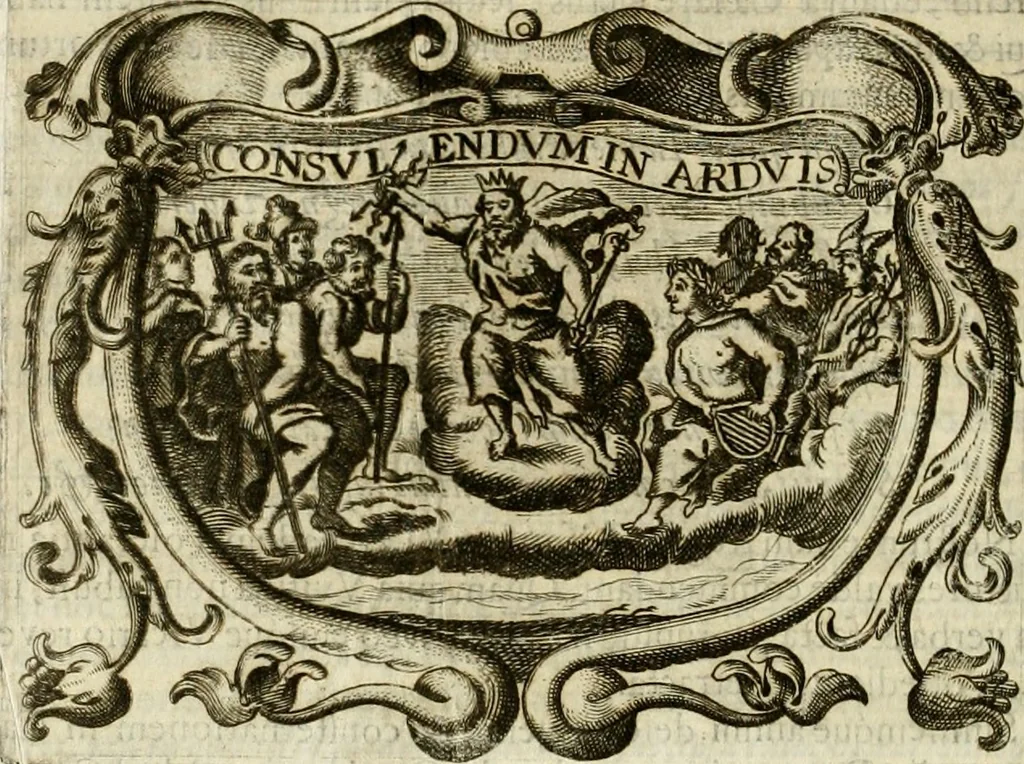 An illustration from D. Ioannis de Solorzano Pereira ... Emblemata centum, regio politica : ligneis laminis affabre caelata, vividisque et limitatis carminibus explicata, & singularibus commentarijs affatim illustrata : quibus, quicquid ad regum institutionem, et rectam reip. administrationem conducere & pertinere videtur, summo studio disseritur ... : cum quadruplici indice absolutissimo .., 1653, leaf 391