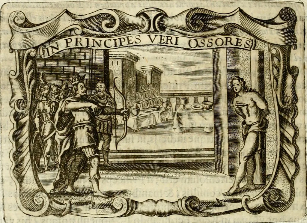 An illustration from D. Ioannis de Solorzano Pereira ... Emblemata centum, regio politica : ligneis laminis affabre caelata, vividisque et limitatis carminibus explicata, & singularibus commentarijs affatim illustrata : quibus, quicquid ad regum institutionem, et rectam reip. administrationem conducere & pertinere videtur, summo studio disseritur ... : cum quadruplici indice absolutissimo .., 1653, leaf 435