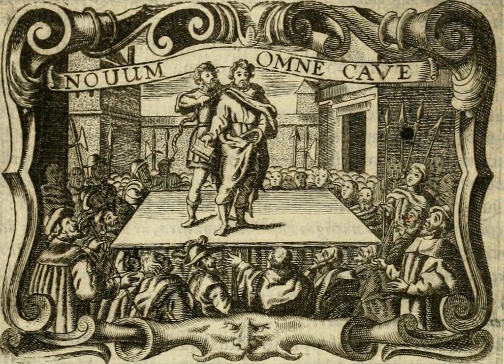 An illustration from D. Ioannis de Solorzano Pereira ... Emblemata centum, regio politica : ligneis laminis affabre caelata, vividisque et limitatis carminibus explicata, & singularibus commentarijs affatim illustrata : quibus, quicquid ad regum institutionem, et rectam reip. administrationem conducere & pertinere videtur, summo studio disseritur ... : cum quadruplici indice absolutissimo .., 1653, leaf 461