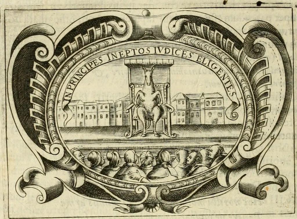 An illustration from D. Ioannis de Solorzano Pereira ... Emblemata centum, regio politica : ligneis laminis affabre caelata, vividisque et limitatis carminibus explicata, & singularibus commentarijs affatim illustrata : quibus, quicquid ad regum institutionem, et rectam reip. administrationem conducere & pertinere videtur, summo studio disseritur ... : cum quadruplici indice absolutissimo .., 1653, leaf 469