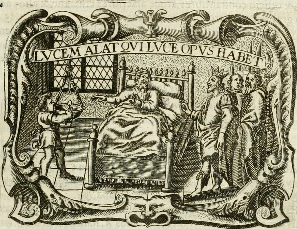An illustration from D. Ioannis de Solorzano Pereira ... Emblemata centum, regio politica : ligneis laminis affabre caelata, vividisque et limitatis carminibus explicata, & singularibus commentarijs affatim illustrata : quibus, quicquid ad regum institutionem, et rectam reip. administrationem conducere & pertinere videtur, summo studio disseritur ... : cum quadruplici indice absolutissimo .., 1653, leaf 484