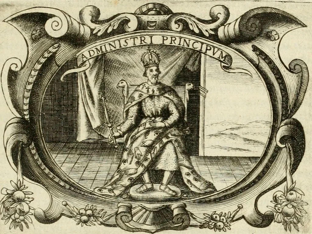 An illustration from D. Ioannis de Solorzano Pereira ... Emblemata centum, regio politica : ligneis laminis affabre caelata, vividisque et limitatis carminibus explicata, & singularibus commentarijs affatim illustrata : quibus, quicquid ad regum institutionem, et rectam reip. administrationem conducere & pertinere videtur, summo studio disseritur ... : cum quadruplici indice absolutissimo .., 1653, leaf 490