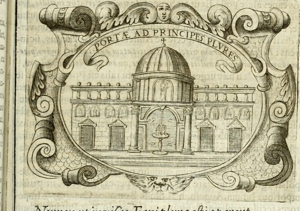 An illustration from D. Ioannis de Solorzano Pereira ... Emblemata centum, regio politica : ligneis laminis affabre caelata, vividisque et limitatis carminibus explicata, & singularibus commentarijs affatim illustrata : quibus, quicquid ad regum institutionem, et rectam reip. administrationem conducere & pertinere videtur, summo studio disseritur ... : cum quadruplici indice absolutissimo .., 1653, leaf 500
