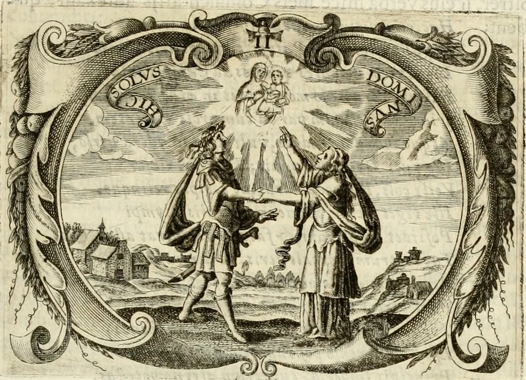 An illustration from D. Ioannis de Solorzano Pereira ... Emblemata centum, regio politica : ligneis laminis affabre caelata, vividisque et limitatis carminibus explicata, & singularibus commentarijs affatim illustrata : quibus, quicquid ad regum institutionem, et rectam reip. administrationem conducere & pertinere videtur, summo studio disseritur ... : cum quadruplici indice absolutissimo .., 1653, leaf 54