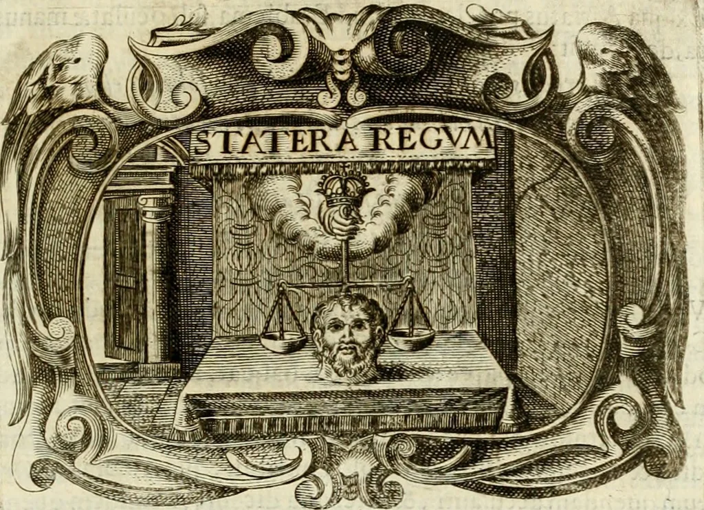 An illustration from D. Ioannis de Solorzano Pereira ... Emblemata centum, regio politica : ligneis laminis affabre caelata, vividisque et limitatis carminibus explicata, & singularibus commentarijs affatim illustrata : quibus, quicquid ad regum institutionem, et rectam reip. administrationem conducere & pertinere videtur, summo studio disseritur ... : cum quadruplici indice absolutissimo .., 1653, leaf 544
