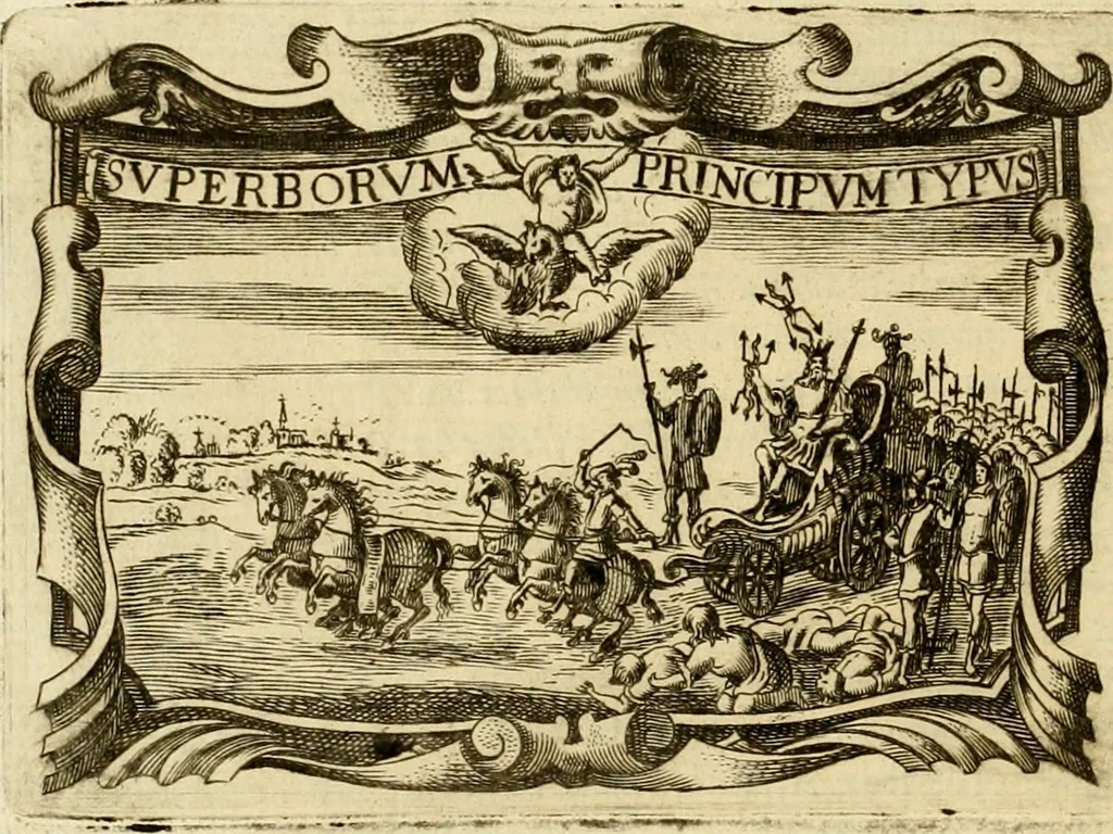 An illustration from D. Ioannis de Solorzano Pereira ... Emblemata centum, regio politica : ligneis laminis affabre caelata, vividisque et limitatis carminibus explicata, & singularibus commentarijs affatim illustrata : quibus, quicquid ad regum institutionem, et rectam reip. administrationem conducere & pertinere videtur, summo studio disseritur ... : cum quadruplici indice absolutissimo .., 1653, leaf 61