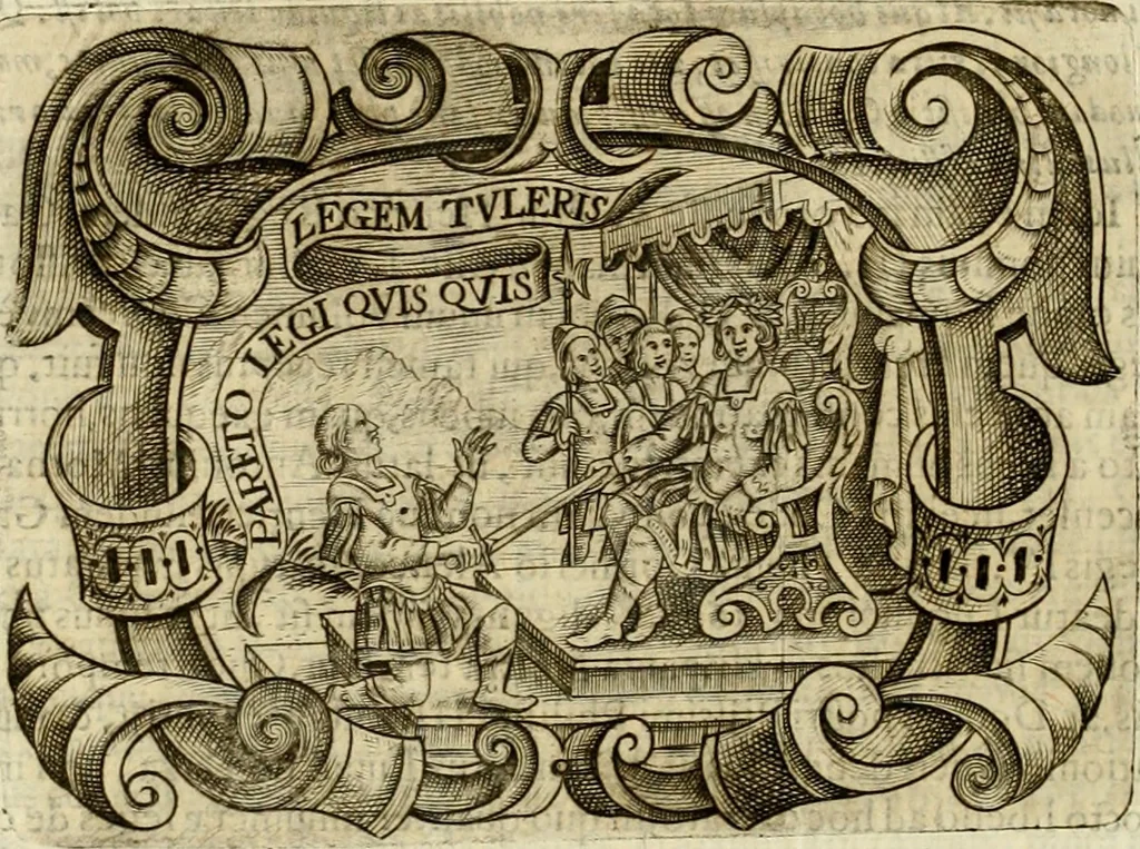 An illustration from D. Ioannis de Solorzano Pereira ... Emblemata centum, regio politica : ligneis laminis affabre caelata, vividisque et limitatis carminibus explicata, & singularibus commentarijs affatim illustrata : quibus, quicquid ad regum institutionem, et rectam reip. administrationem conducere & pertinere videtur, summo studio disseritur ... : cum quadruplici indice absolutissimo .., 1653, leaf 613