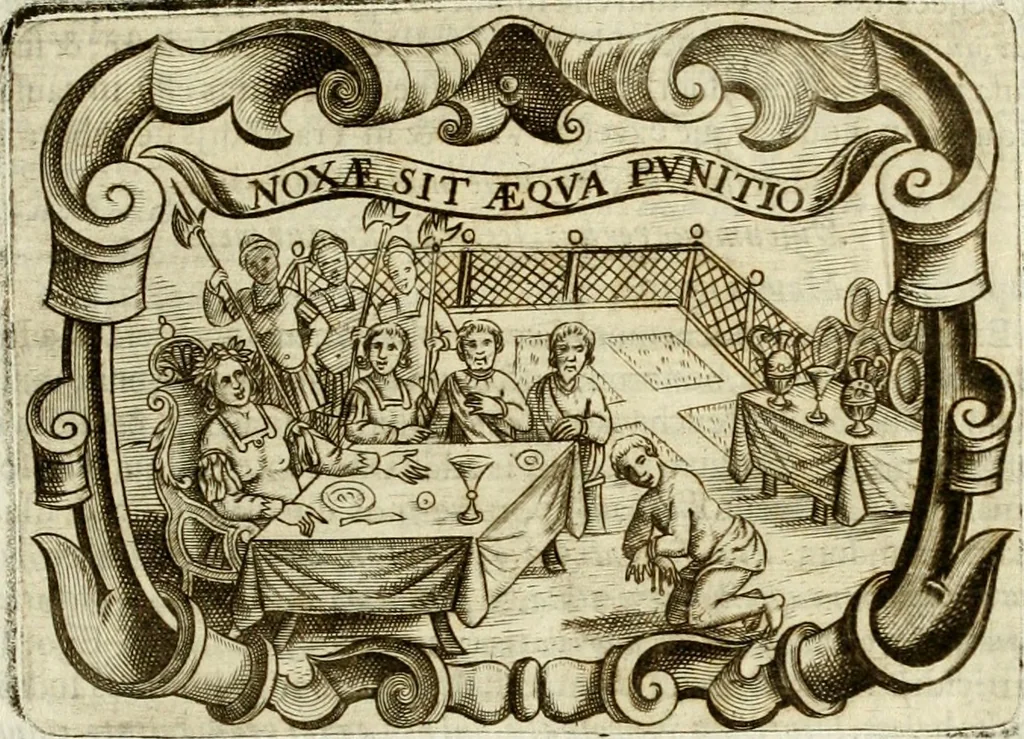 An illustration from D. Ioannis de Solorzano Pereira ... Emblemata centum, regio politica : ligneis laminis affabre caelata, vividisque et limitatis carminibus explicata, & singularibus commentarijs affatim illustrata : quibus, quicquid ad regum institutionem, et rectam reip. administrationem conducere & pertinere videtur, summo studio disseritur ... : cum quadruplici indice absolutissimo .., 1653, leaf 642
