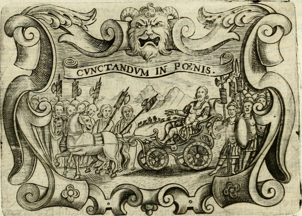 An illustration from D. Ioannis de Solorzano Pereira ... Emblemata centum, regio politica : ligneis laminis affabre caelata, vividisque et limitatis carminibus explicata, & singularibus commentarijs affatim illustrata : quibus, quicquid ad regum institutionem, et rectam reip. administrationem conducere & pertinere videtur, summo studio disseritur ... : cum quadruplici indice absolutissimo .., 1653, leaf 652