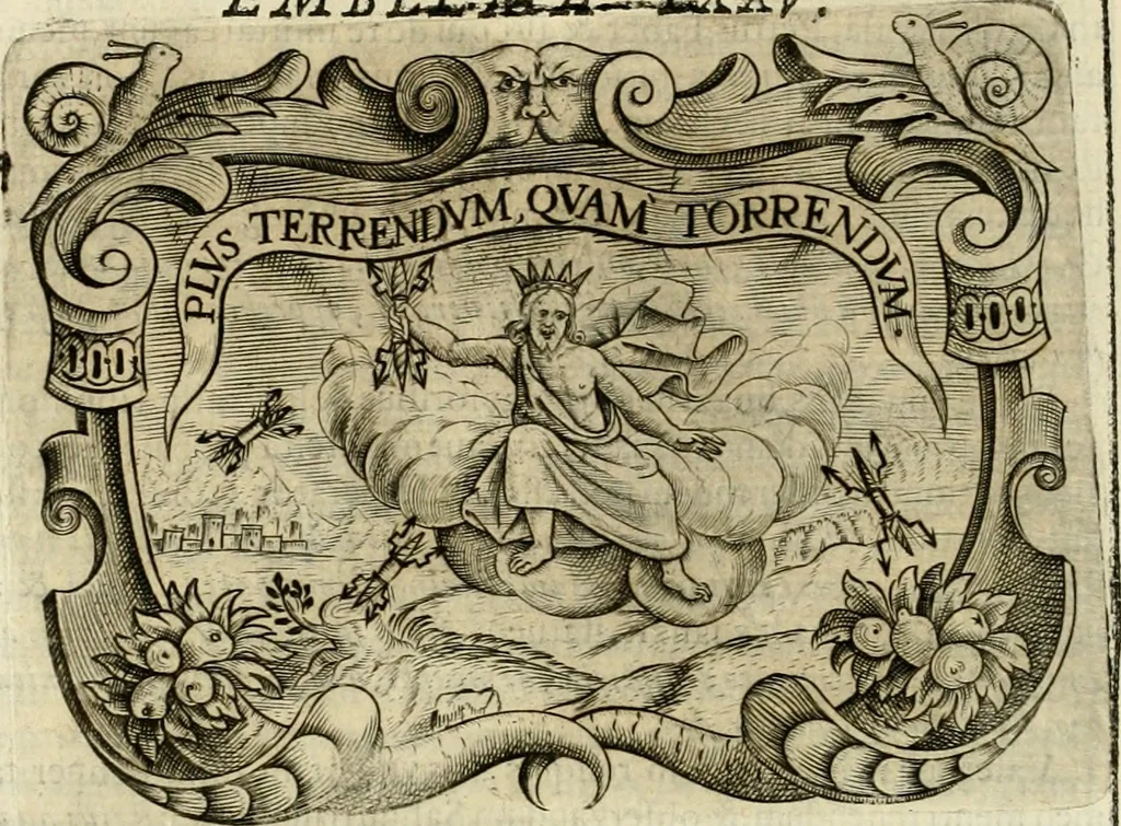 An illustration from D. Ioannis de Solorzano Pereira ... Emblemata centum, regio politica : ligneis laminis affabre caelata, vividisque et limitatis carminibus explicata, & singularibus commentarijs affatim illustrata : quibus, quicquid ad regum institutionem, et rectam reip. administrationem conducere & pertinere videtur, summo studio disseritur ... : cum quadruplici indice absolutissimo .., 1653, leaf 663