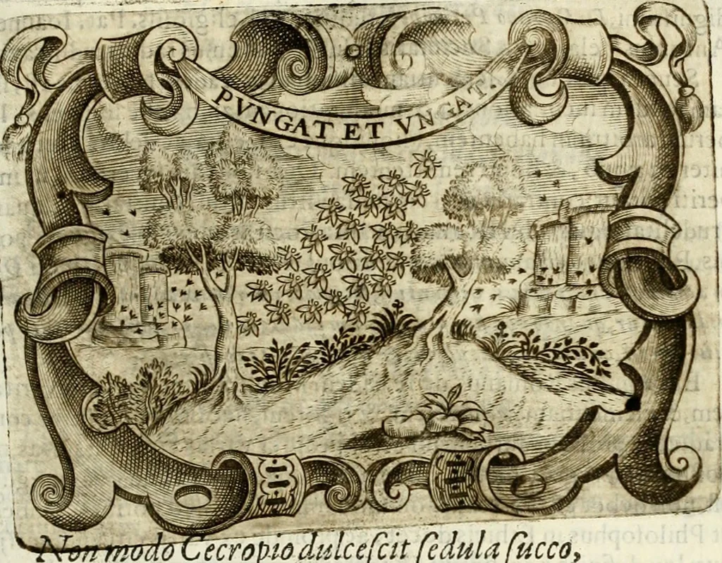 An illustration from D. Ioannis de Solorzano Pereira ... Emblemata centum, regio politica : ligneis laminis affabre caelata, vividisque et limitatis carminibus explicata, & singularibus commentarijs affatim illustrata : quibus, quicquid ad regum institutionem, et rectam reip. administrationem conducere & pertinere videtur, summo studio disseritur ... : cum quadruplici indice absolutissimo .., 1653, leaf 668
