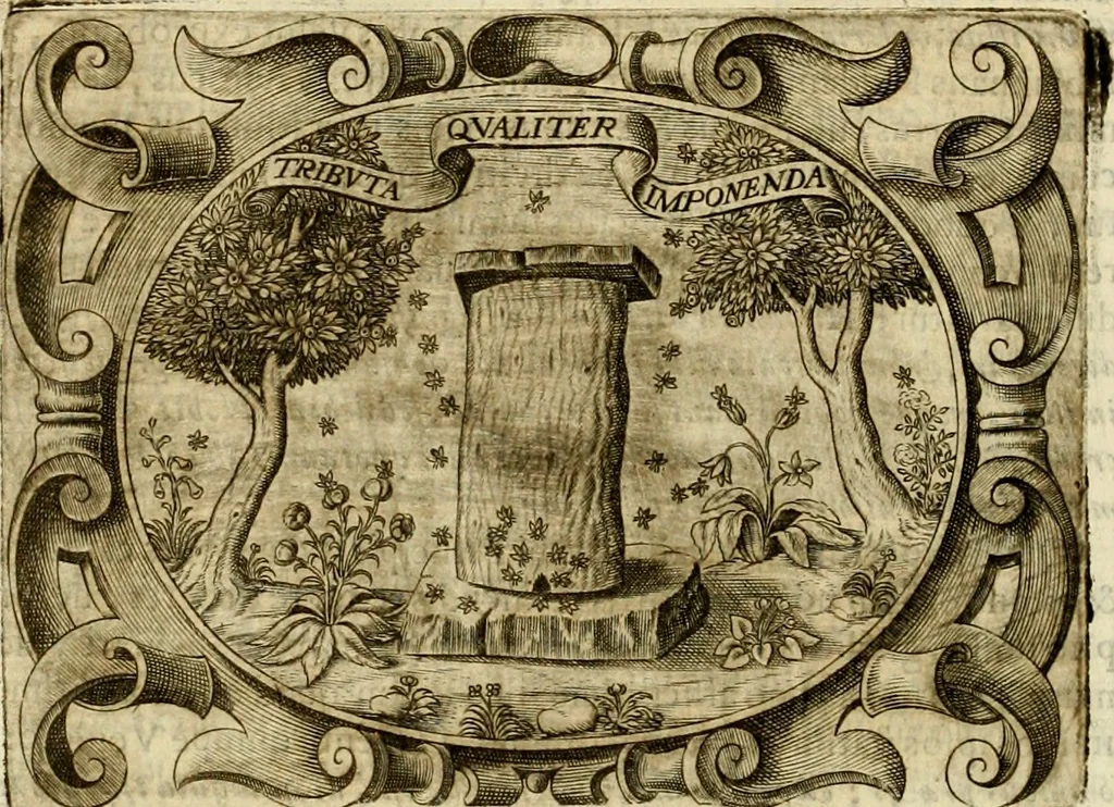 An illustration from D. Ioannis de Solorzano Pereira ... Emblemata centum, regio politica : ligneis laminis affabre caelata, vividisque et limitatis carminibus explicata, & singularibus commentarijs affatim illustrata : quibus, quicquid ad regum institutionem, et rectam reip. administrationem conducere & pertinere videtur, summo studio disseritur ... : cum quadruplici indice absolutissimo .., 1653, leaf 735