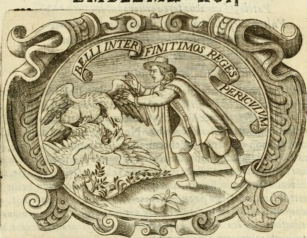 An illustration from D. Ioannis de Solorzano Pereira ... Emblemata centum, regio politica : ligneis laminis affabre caelata, vividisque et limitatis carminibus explicata, & singularibus commentarijs affatim illustrata : quibus, quicquid ad regum institutionem, et rectam reip. administrationem conducere & pertinere videtur, summo studio disseritur ... : cum quadruplici indice absolutissimo .., 1653, leaf 810