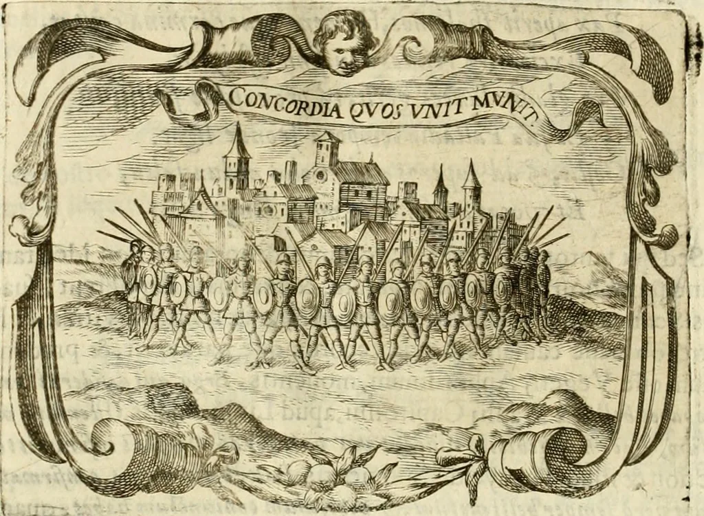 An illustration from D. Ioannis de Solorzano Pereira ... Emblemata centum, regio politica : ligneis laminis affabre caelata, vividisque et limitatis carminibus explicata, & singularibus commentarijs affatim illustrata : quibus, quicquid ad regum institutionem, et rectam reip. administrationem conducere & pertinere videtur, summo studio disseritur ... : cum quadruplici indice absolutissimo .., 1653, leaf 843