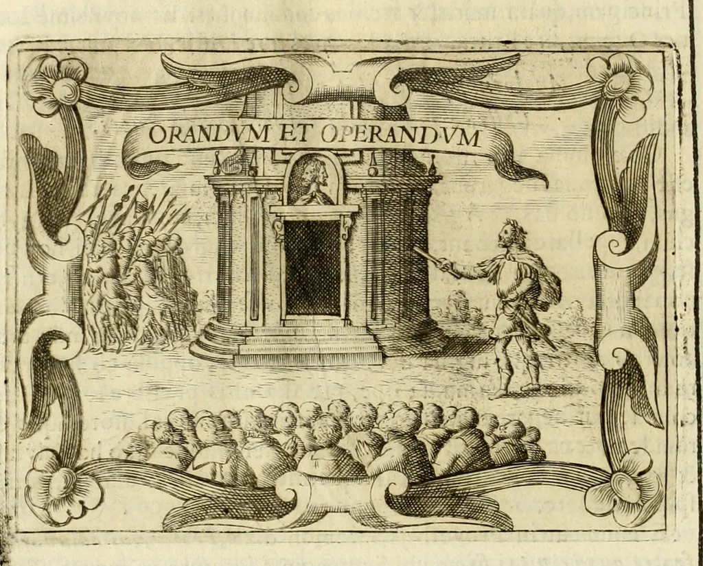 An illustration from D. Ioannis de Solorzano Pereira ... Emblemata centum, regio politica : ligneis laminis affabre caelata, vividisque et limitatis carminibus explicata, & singularibus commentarijs affatim illustrata : quibus, quicquid ad regum institutionem, et rectam reip. administrationem conducere & pertinere videtur, summo studio disseritur ... : cum quadruplici indice absolutissimo .., 1653, leaf 849