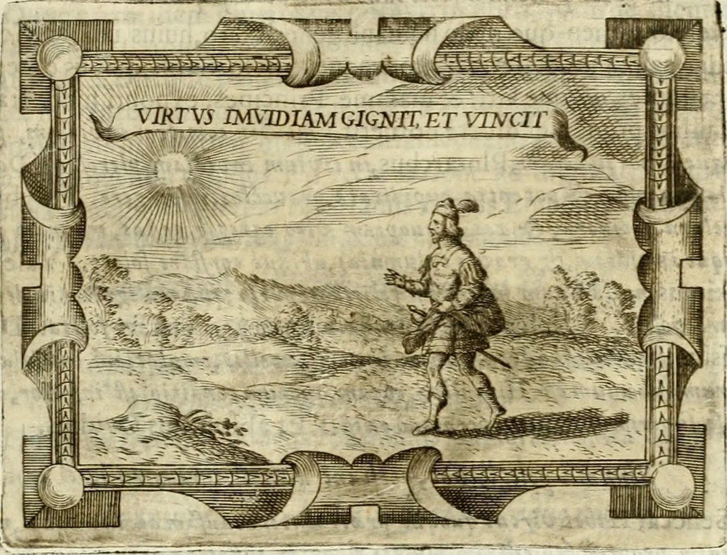 An illustration from D. Ioannis de Solorzano Pereira ... Emblemata centum, regio politica : ligneis laminis affabre caelata, vividisque et limitatis carminibus explicata, & singularibus commentarijs affatim illustrata : quibus, quicquid ad regum institutionem, et rectam reip. administrationem conducere & pertinere videtur, summo studio disseritur ... : cum quadruplici indice absolutissimo .., 1653, leaf 862