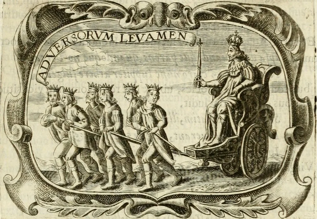 An illustration from D. Ioannis de Solorzano Pereira ... Emblemata centum, regio politica : ligneis laminis affabre caelata, vividisque et limitatis carminibus explicata, & singularibus commentarijs affatim illustrata : quibus, quicquid ad regum institutionem, et rectam reip. administrationem conducere & pertinere videtur, summo studio disseritur ... : cum quadruplici indice absolutissimo .., 1653, leaf 90