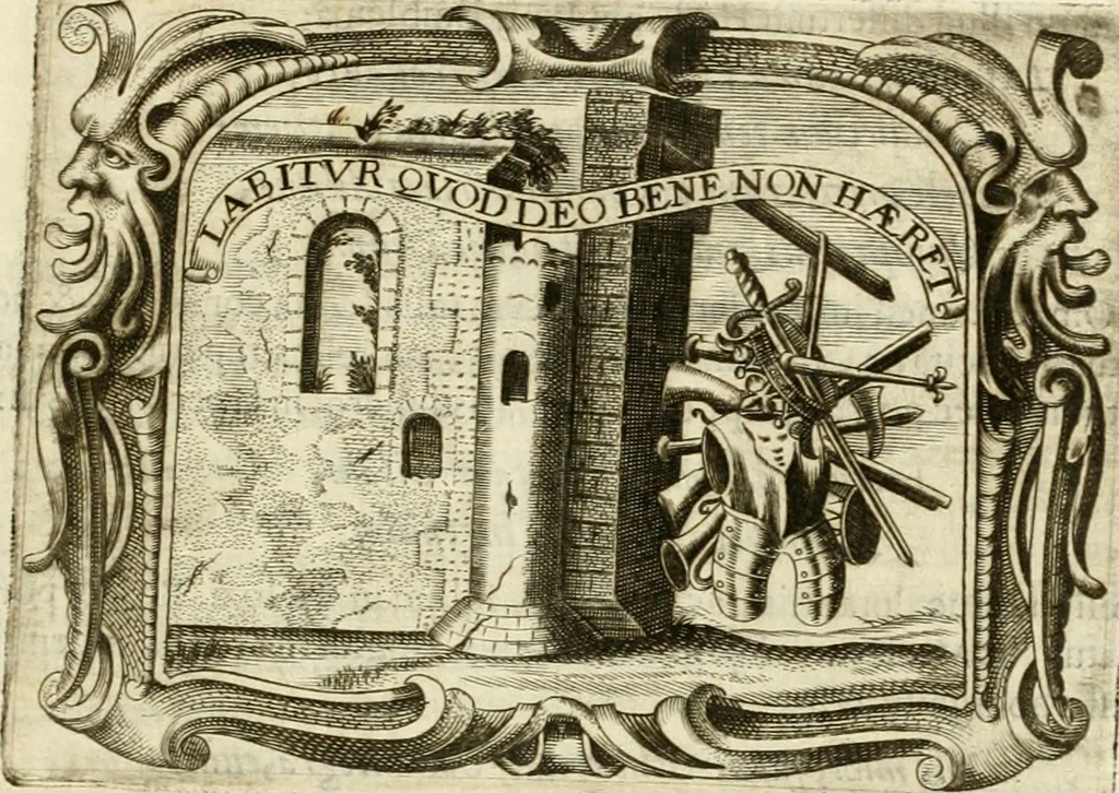 An illustration from D. Ioannis de Solorzano Pereira ... Emblemata centum, regio politica : ligneis laminis affabre caelata, vividisque et limitatis carminibus explicata, & singularibus commentarijs affatim illustrata : quibus, quicquid ad regum institutionem, et rectam reip. administrationem conducere & pertinere videtur, summo studio disseritur ... : cum quadruplici indice absolutissimo .., 1653, leaf 96
